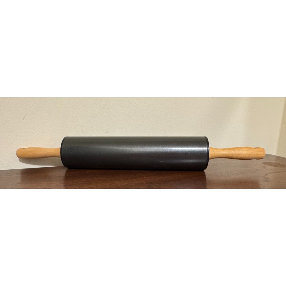 Vintage Black Non-Stick Rolling Pin Wood Handles 17.5" Retro Pastry Roller